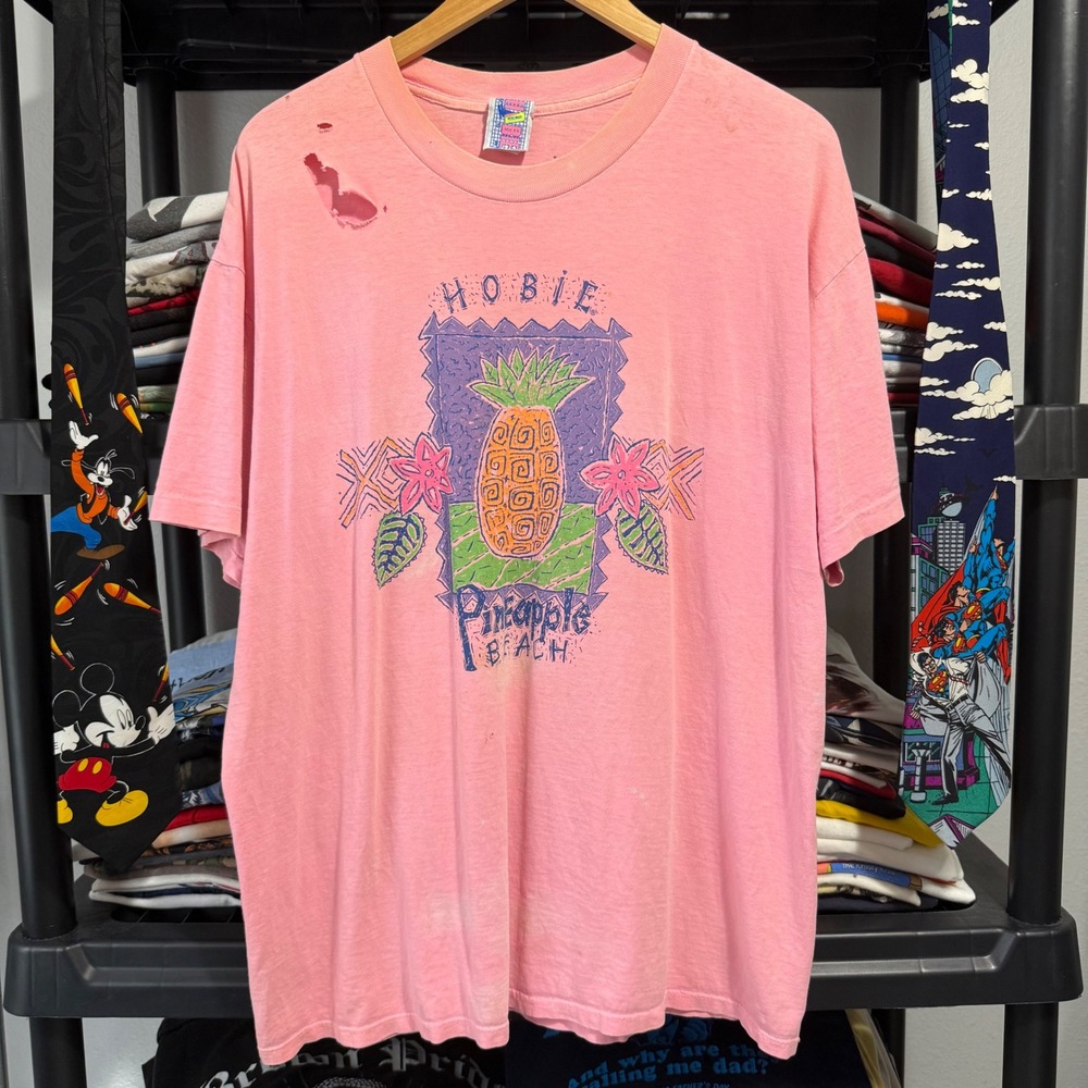 Vintage Pink Hobie Pineapple Beach Graphic Tee XL Thrashing & Light Marks